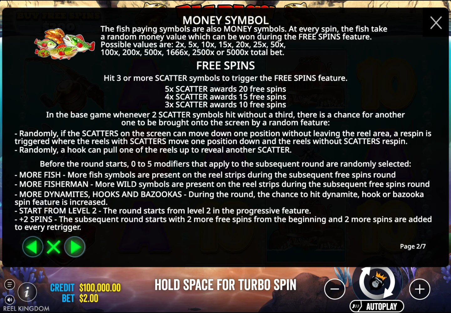 Splash help page about scatters and free-spin modifiers